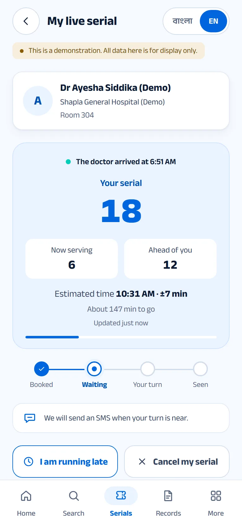 The MedLiveBD patient app: a live serial with the number now being served, demonstration data